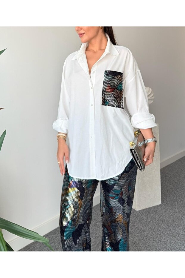 Colorful Sequin Detail White Shirt and Pants Set