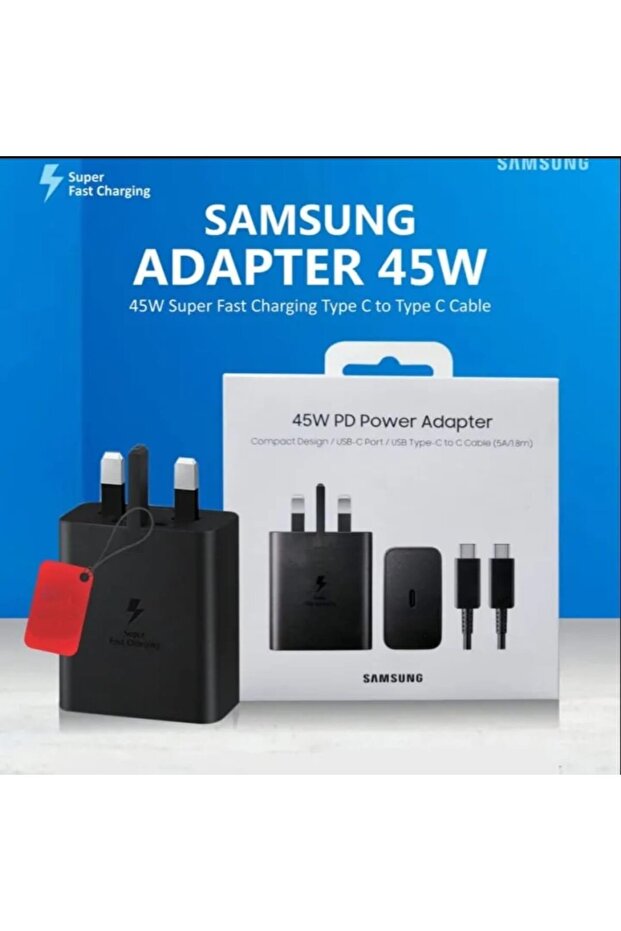 شاحن سامسونج فائق السرعة بقوة 45 واط مع كابل USB-C إلى USB-C - محول طاقة PD أصلي