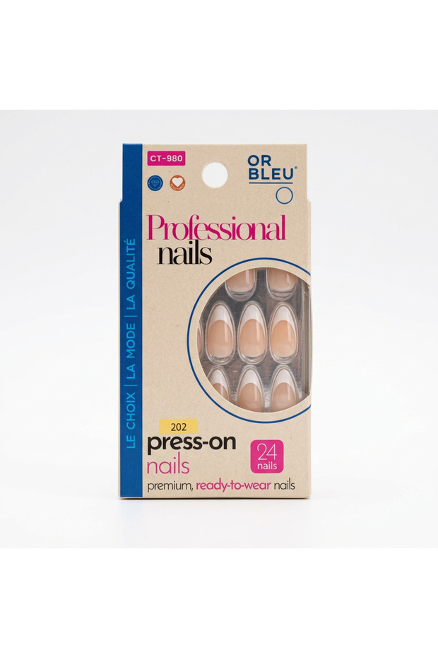 CT980 Press-On Nails, French Tips, Nude Tones, Geometric Accents, 24 Salon-Shaped Nails, No