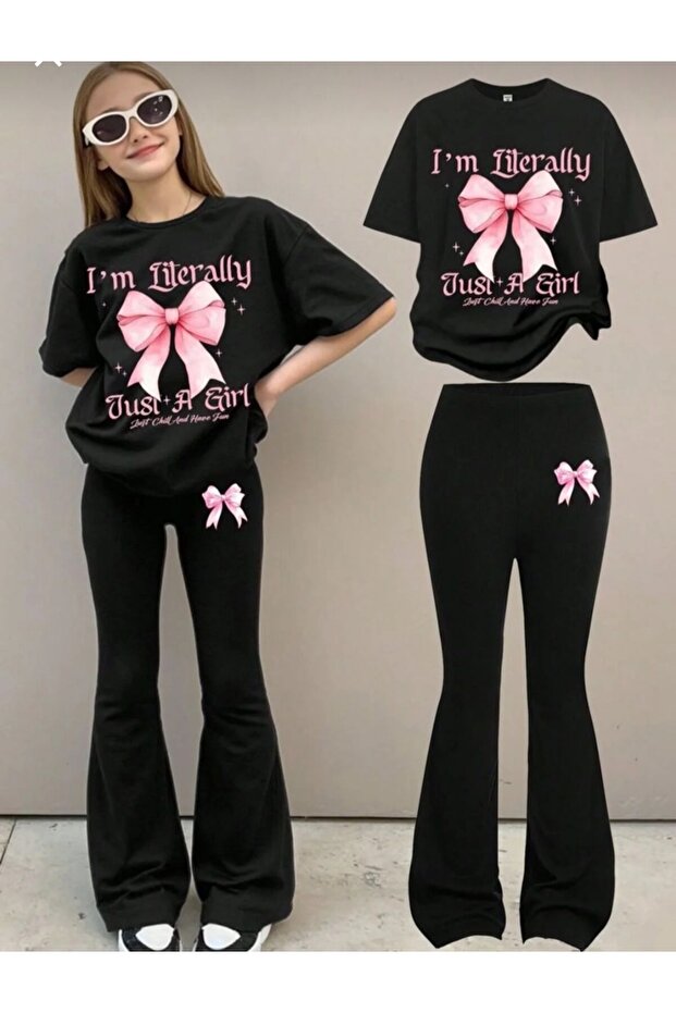 Printed Black Girls' Summer T-Shirt Spanish Flared Pants Double Set