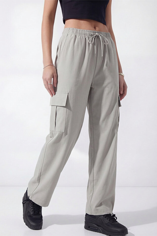 Women's Gray Oversize Parachute Fabric Cargo Pants with Pockets, Adjustable Leg Clips, Baggy Pants