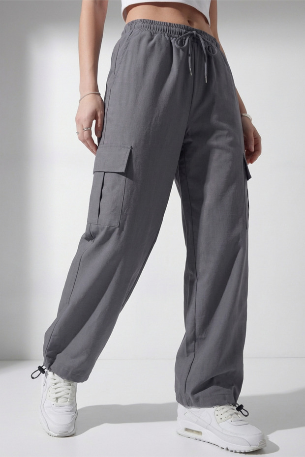 Women's Metallic Oversize Parachute Fabric Cargo Pants with Pockets, Adjustable Leg Clips, Baggy Pants