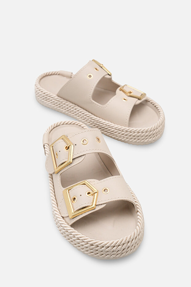 Bianca Vellini Beige Rustic Women's Stylish Double Buckle Orthopedic Comfortable Straw Ergonomic Non-Slip Sole Slippers
