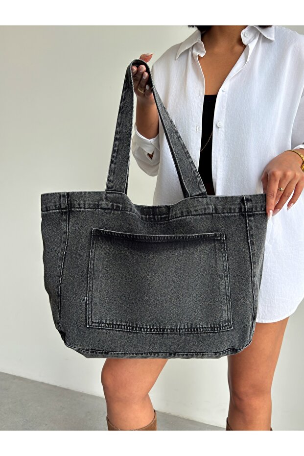 New Season Denim Jean Large Quality Shoulder Bag with Front Pocket. Length 38 Cm/ Width 52 cm