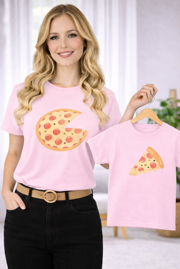Mother Unisex Kids Combination Oversize T-Shirt Twin T-Shirt Mother Child Pizza Slice Printed (Single Price)