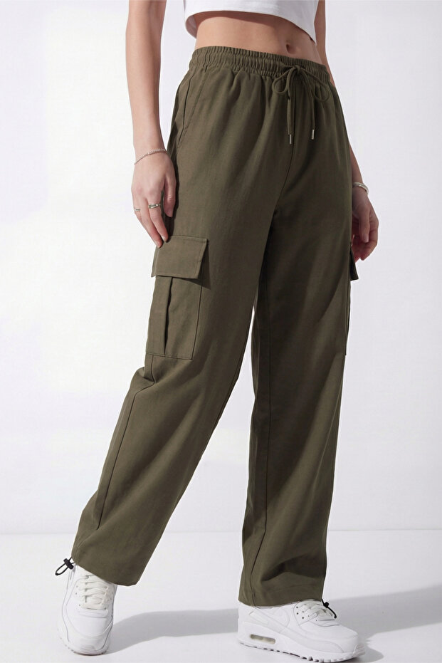 Women's Khaki Oversize Parachute Fabric Cargo Pants with Pockets, Adjustable Leg Clips, Baggy Pants