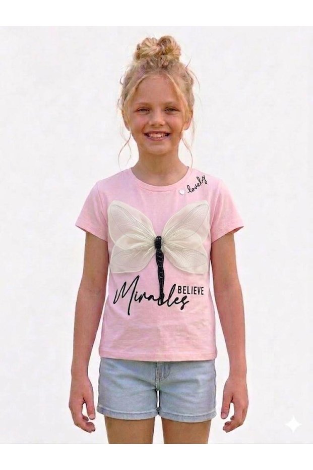 Girl's Pink Tulle Winged Dragonfly Embroidered Short Sleeve T-Shirt -4314