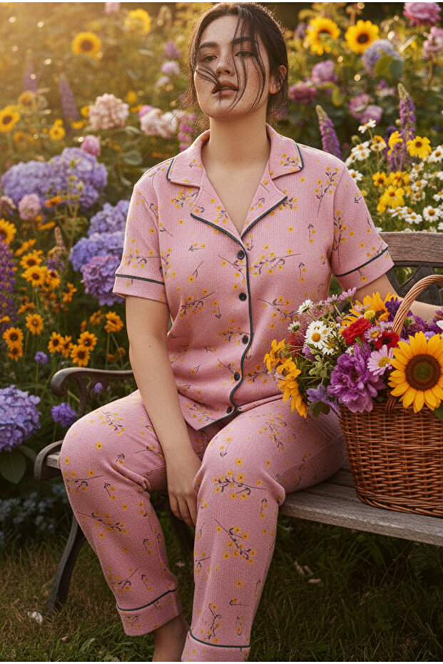 Pink Patterned Bürümcük-Krınkıl Large Size Battal Buttoned Ribbed Pajama Set 26120825