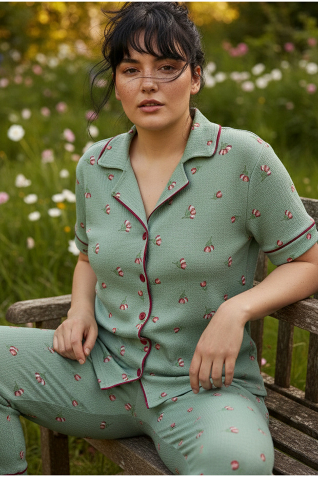 Green Patterned Bürümcük-Krınkıl Large Size Battal Buttoned Ribbed Pajama Set 26120825