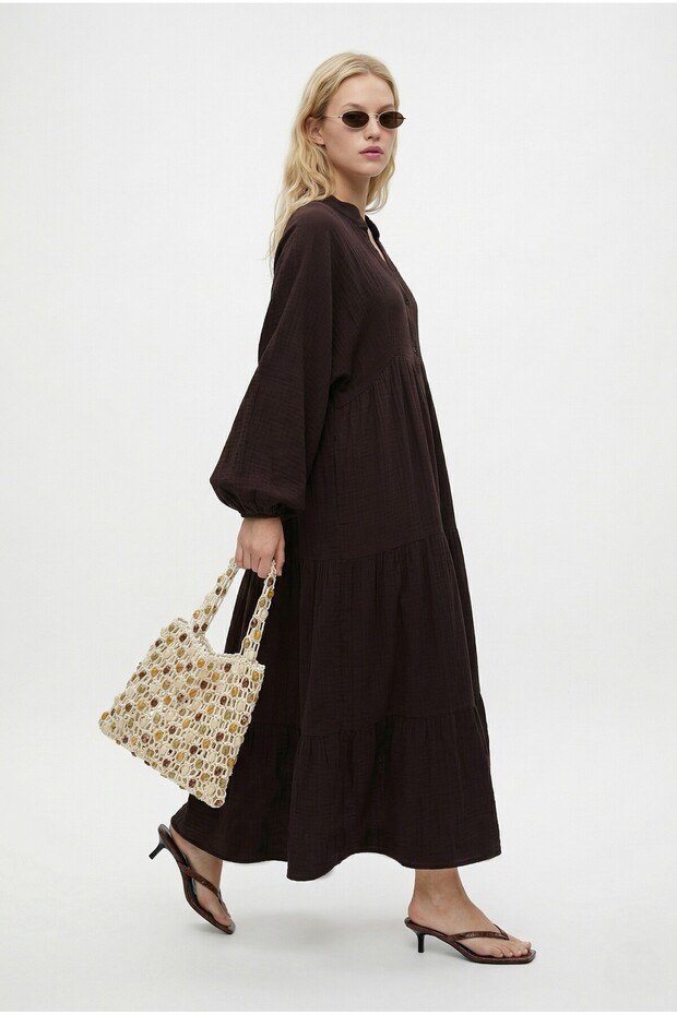 Women's Modest Linda 100% Cotton Muslin Lined Balloon Sleeve Layered Brown Long Dress