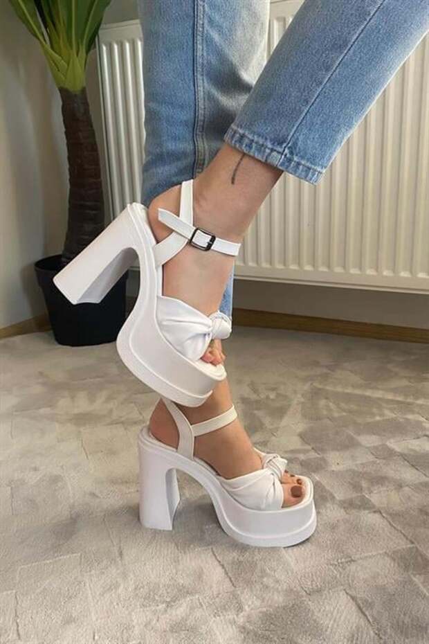 Women's Sersi White Bow Strap (12 cm) Platform Heeled Shoes