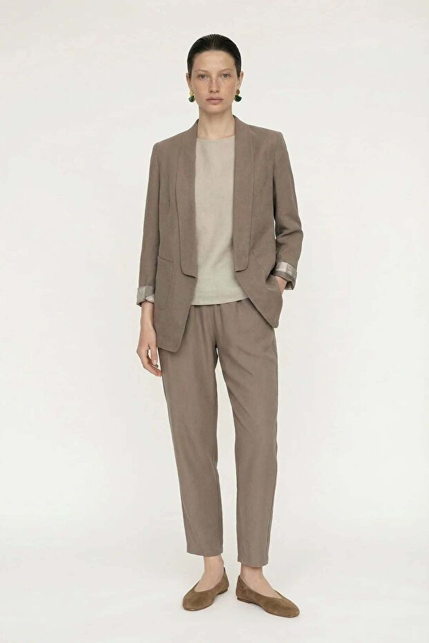 Sleeve Detailed Open-Front Jacket and Trousers Mink Suit 1103