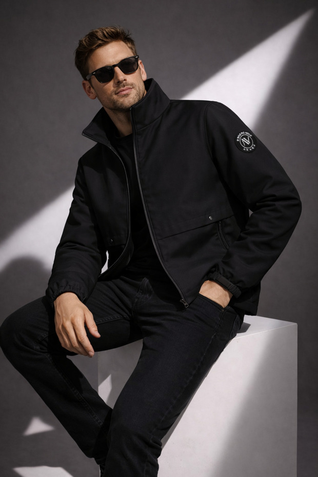 Men's Black Jacket Regular Fit Stand Collar Zippered Modern Style Seasonal Coat