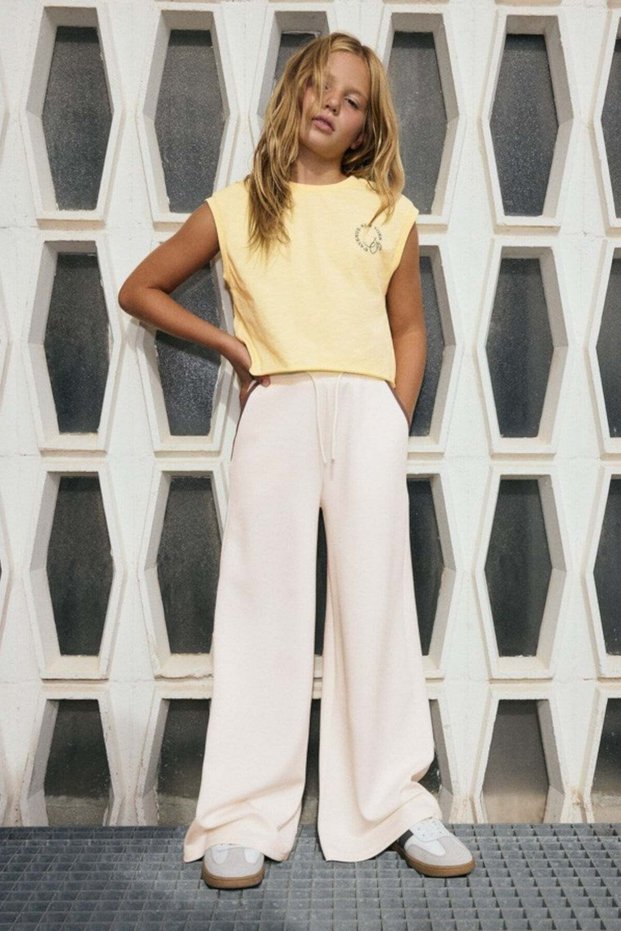 Girl Child 10-16 Years Old Elastic Waist Palazzo Sweatpants Ecru