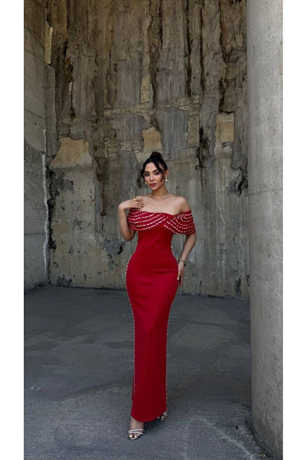 Women's Red Madonna Collar Pearl Embroidered Fish Maxi Evening Dress