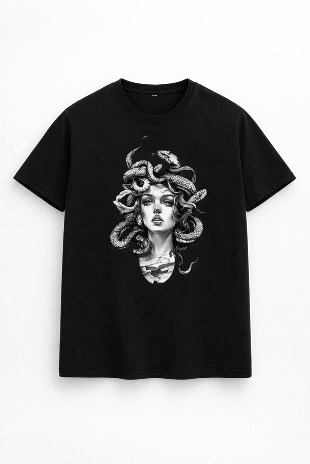 Medusa Printed Short Sleeve Crew Neck Plain Black Tshirt - Unisex