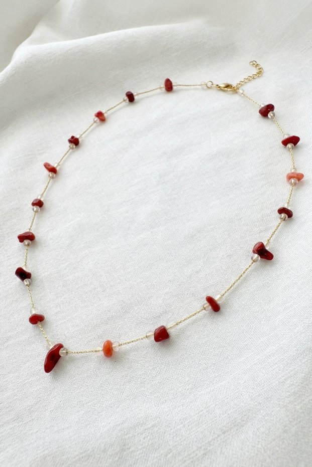 Coral Stone Natural Stone Model Lacquer Coated Gold Color Women's Necklace