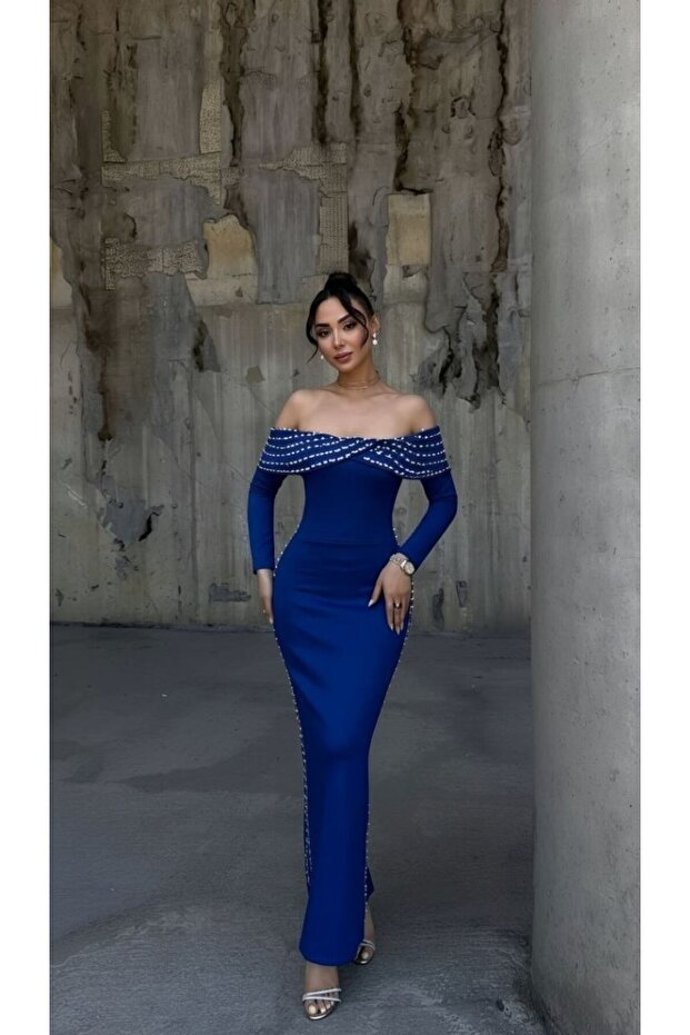 Women's Cobalt Blue Madonna Collar Pearl Embroidered Fish Maxi Evening Dress