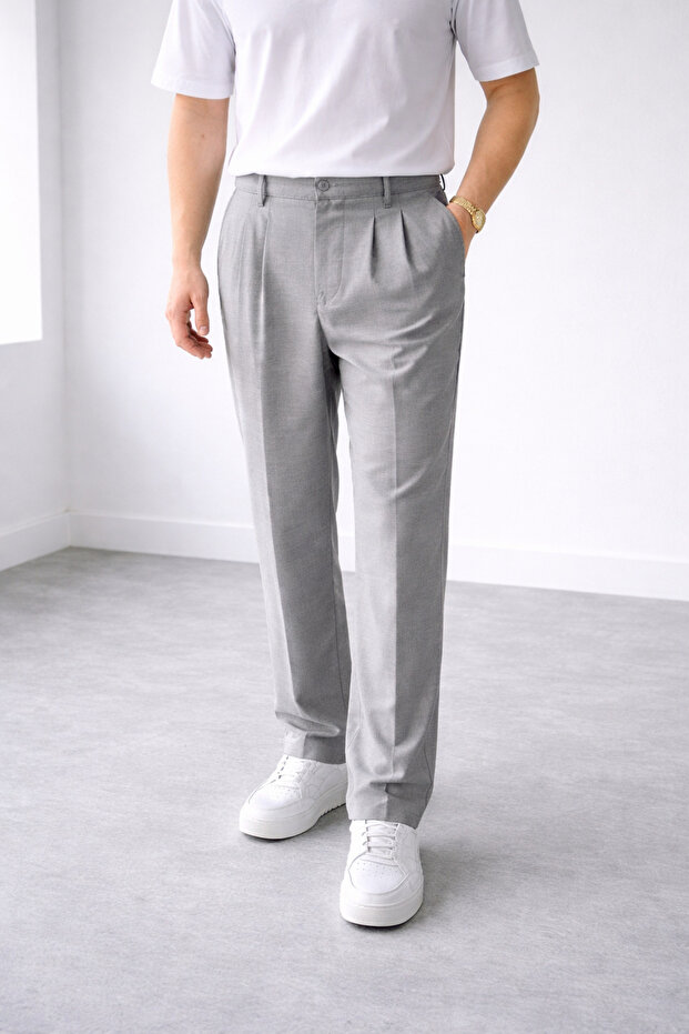 Men's Gray Loose Fit Pleated Fabric Trousers