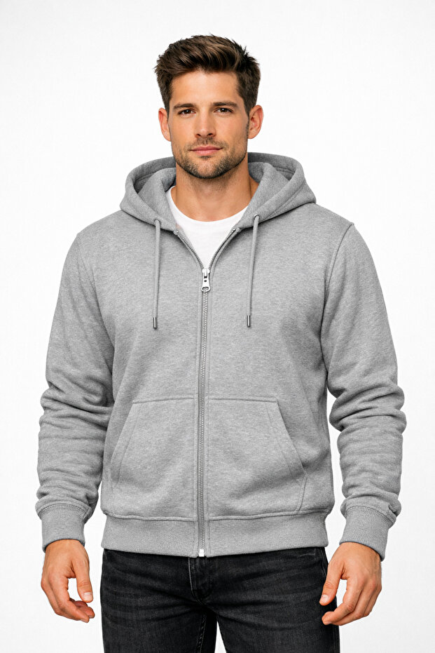 Unisex Relax Fit Comfortable Cut Black Hooded Sweatshirt with Fleece Inside and Half Zipper Ally-6101
