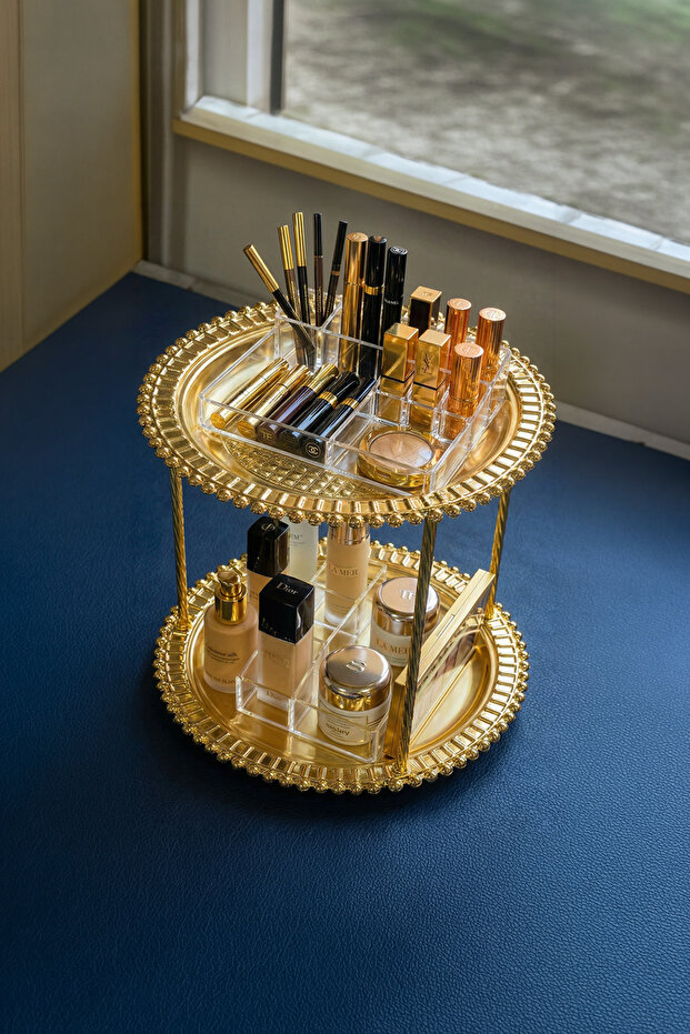 Foviva Gold Cosmetic Jewelry Organizer Multi-Purpose Round Organizer 2-Tier Makeup Organizer
