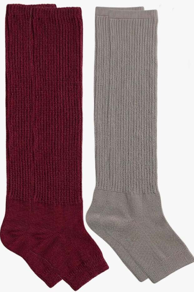 2 Pairs of Fingerless, Thin Ribbed, Above-Knee Cotton Blend Leggings
