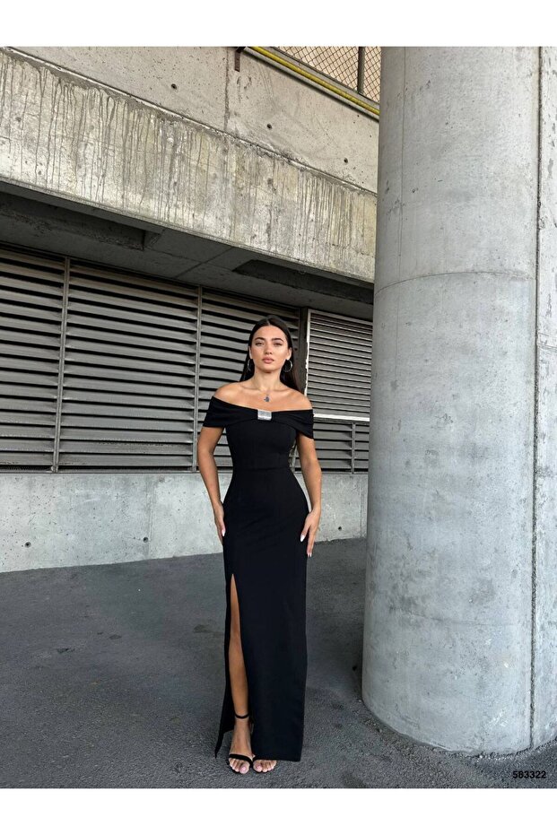 Women's Black Madonna Collar Stone Detailed Slit Long Evening Dress