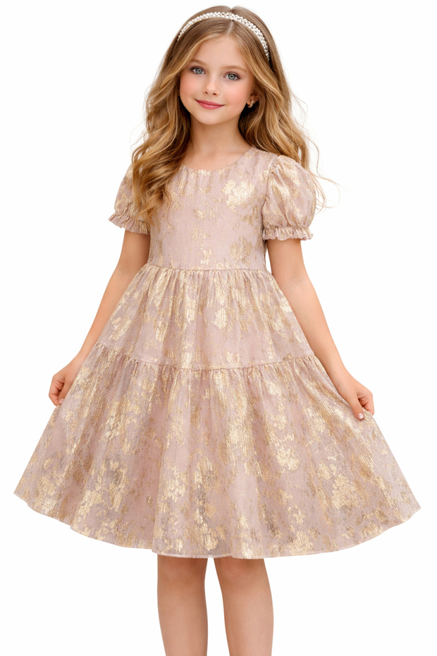 Girl's Gold Gilded Patterned Lined Midi Length Dress with Button Closure at the Back