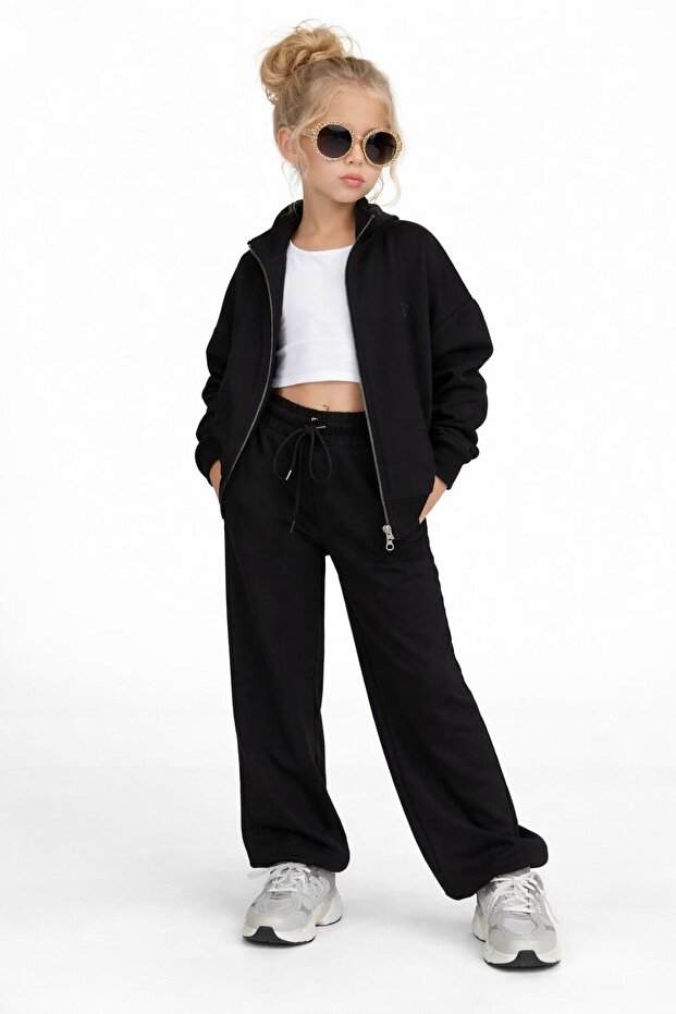 Girl's Zippered Tracksuit Set - Black Color (Set of 2) 01081