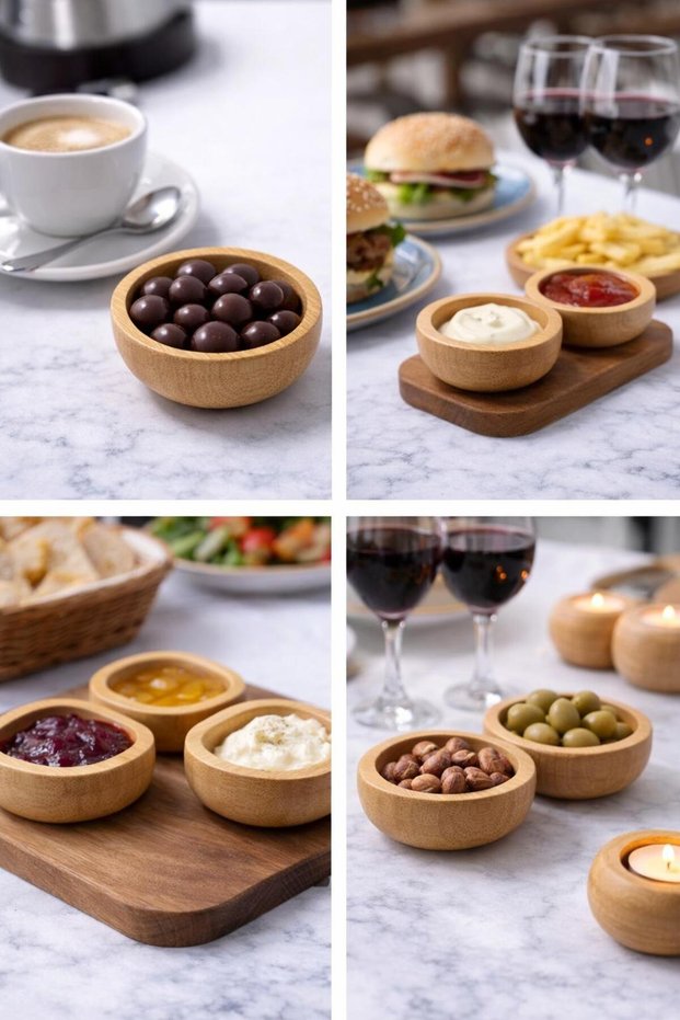 Set of 6 Mini Bamboo Sauce Bowls, Turkish Delight Bowls 6.5 cm – Natural Wooden Presentation Bowls, Round Snack Bowls