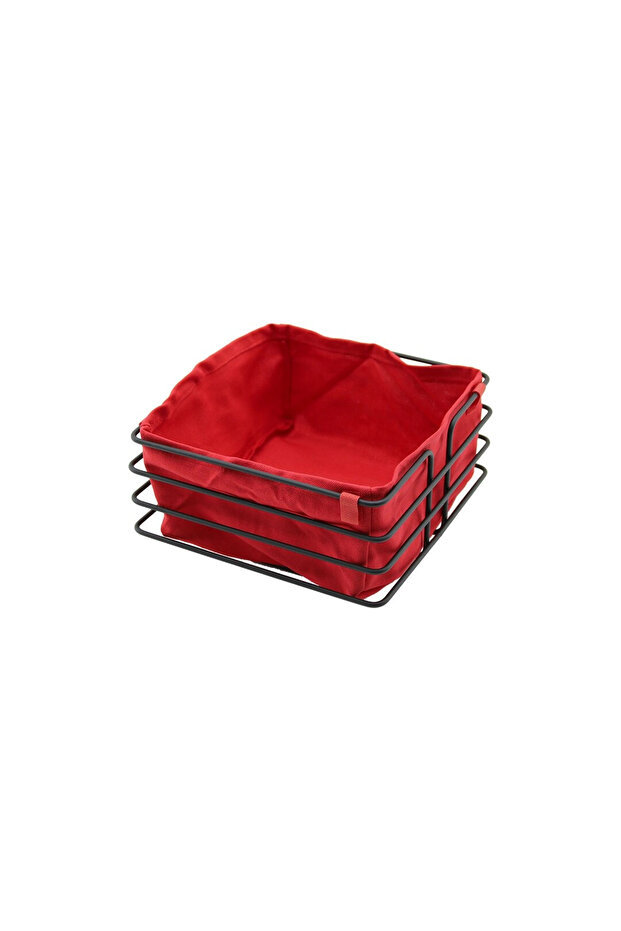 Square Black Metal Bread Basket with Red Cloth 20X21Cm Depth 10.5cm