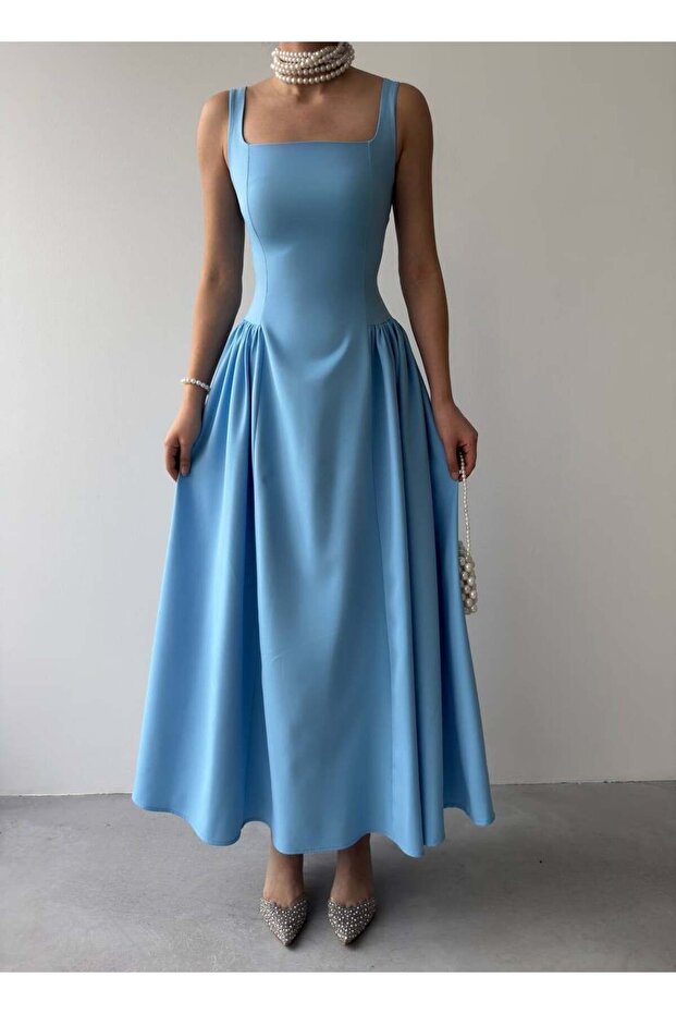 Square neck strap flared long dress baby blue