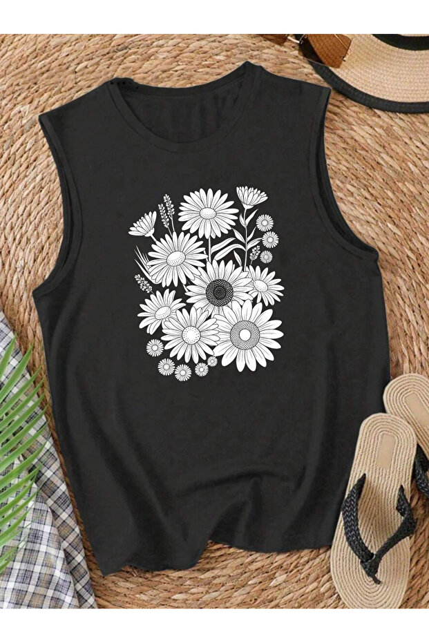 White Flower Printed Women's Crew Neck Cotton Sleeveless Summer Tank Top Tshirt