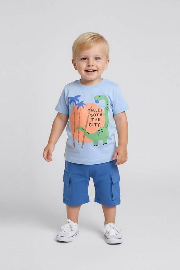 1-3 Years Old Boy's Dinosaur Printed 100% Cotton Single Jersey Fabric Short-Sleeved Shorts Summer Set