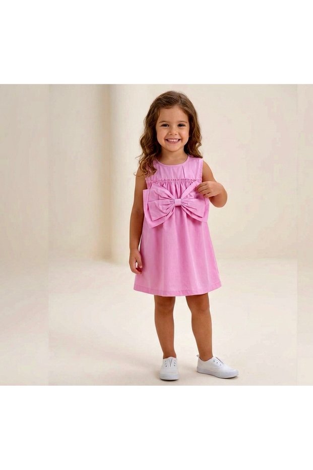 Girl's Bow Detailed Summer Holiday Pink Dress