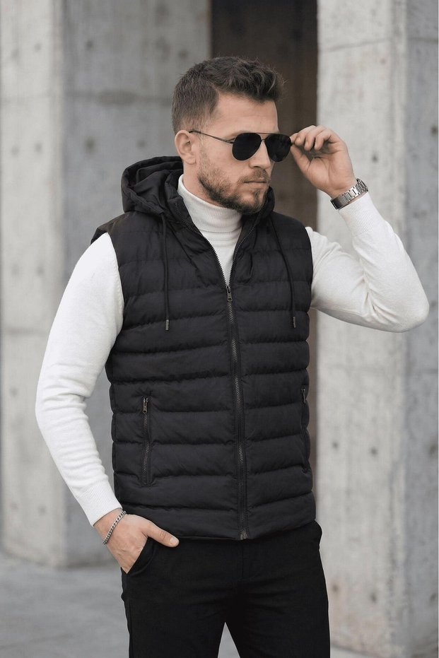 Yelly Slim Fit Men's Puffer Vest with Zipper Pocket Detail - Detachable Hood & Lined