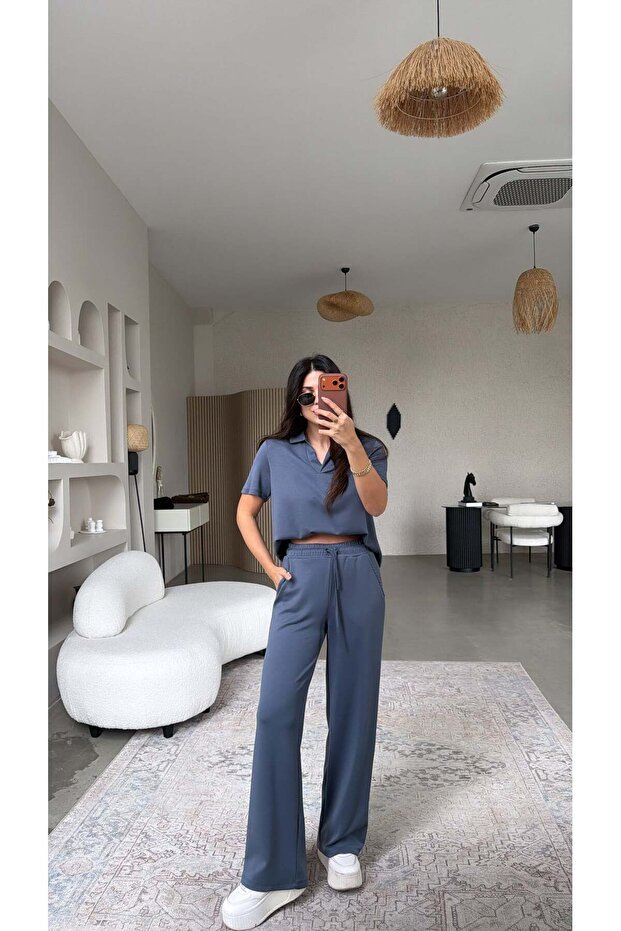 Anthracite Basic Modal Fabric Collared Wide Leg Suit