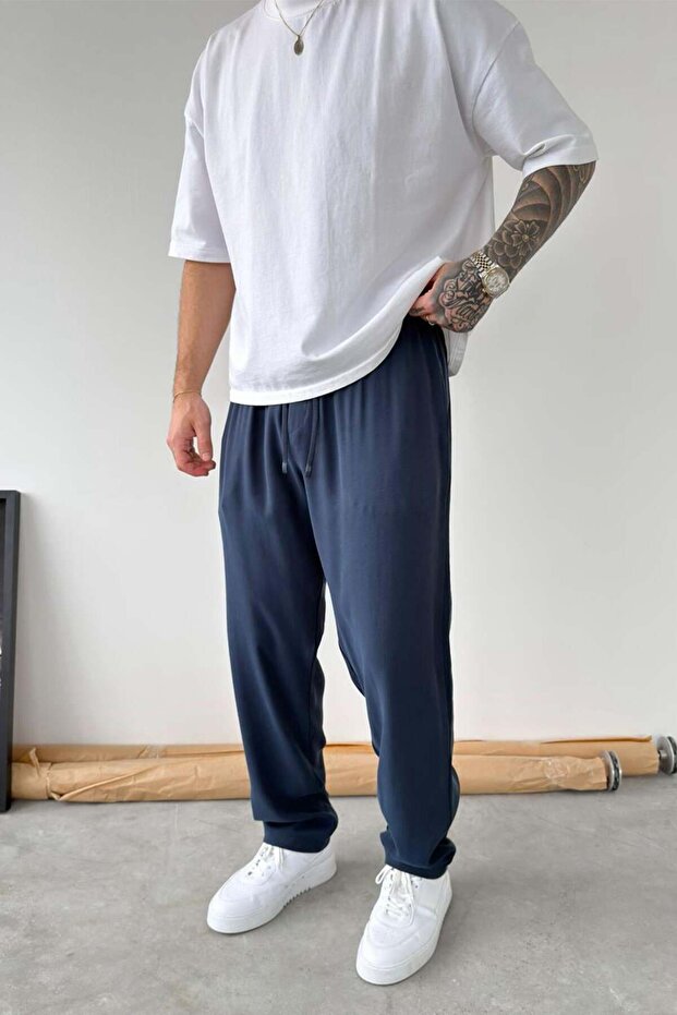 Navy Blue Modal Fabric Baggy Pants
