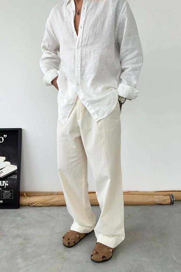Beige Premium Baggy Linen Trousers