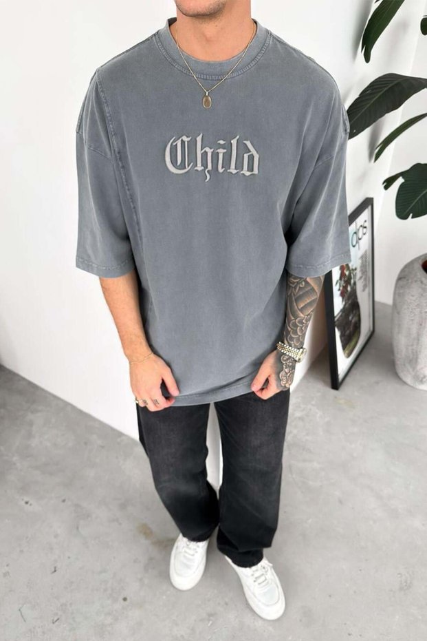 Gray Child Embroidery Detail Oversize T-Shirt