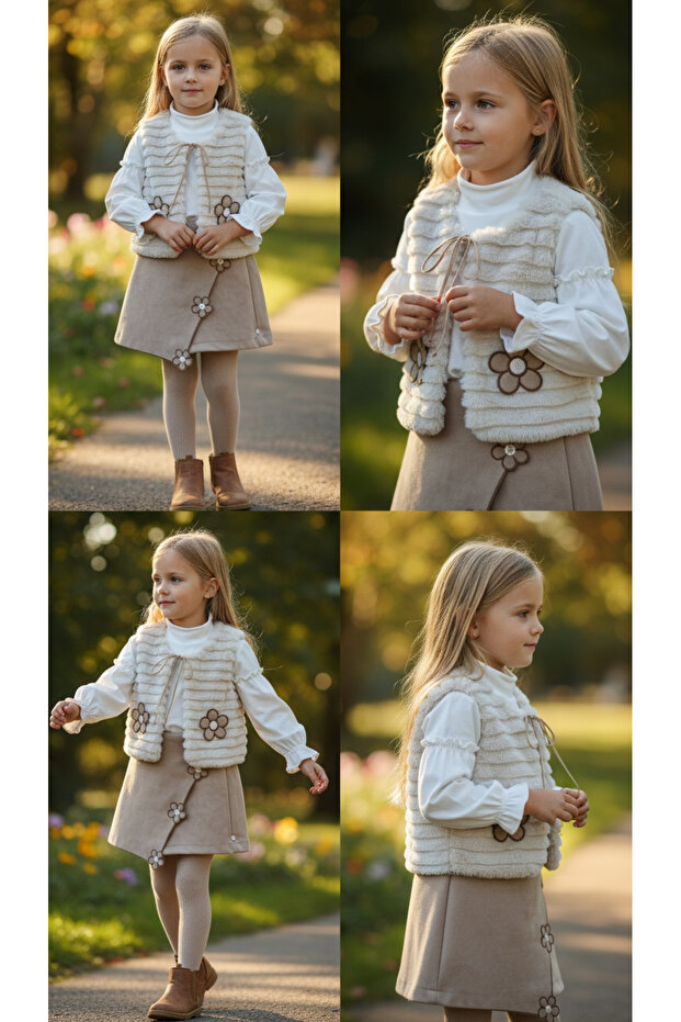 Lady Gold 6265 Girl's Daisy Embroidered Turtleneck Sweater Skirt 3-Piece Set 2-3-4-5-6-7-8-9 Years Old