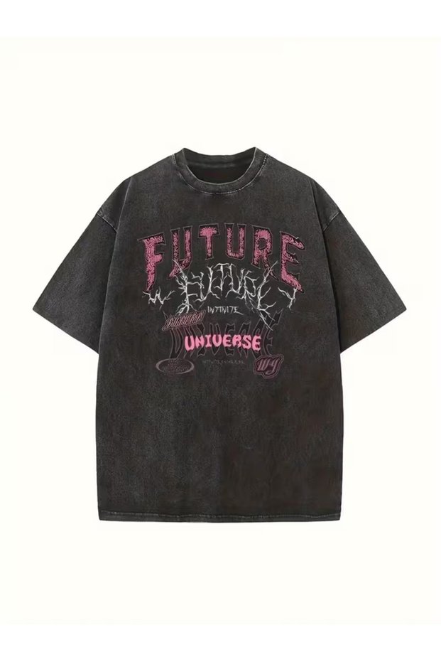 Smoked Washed T-Shirt - Denim Textured Retro Design Loose Top