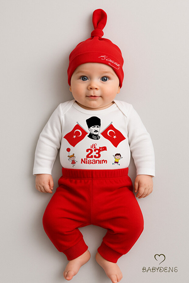 BABYDEN'S İlk 23 Nisan Bayramı Bebek Takımı Atatürk Baskılı %100 Pamuk Uzun Kollu Body Pantolon Şapka Seti