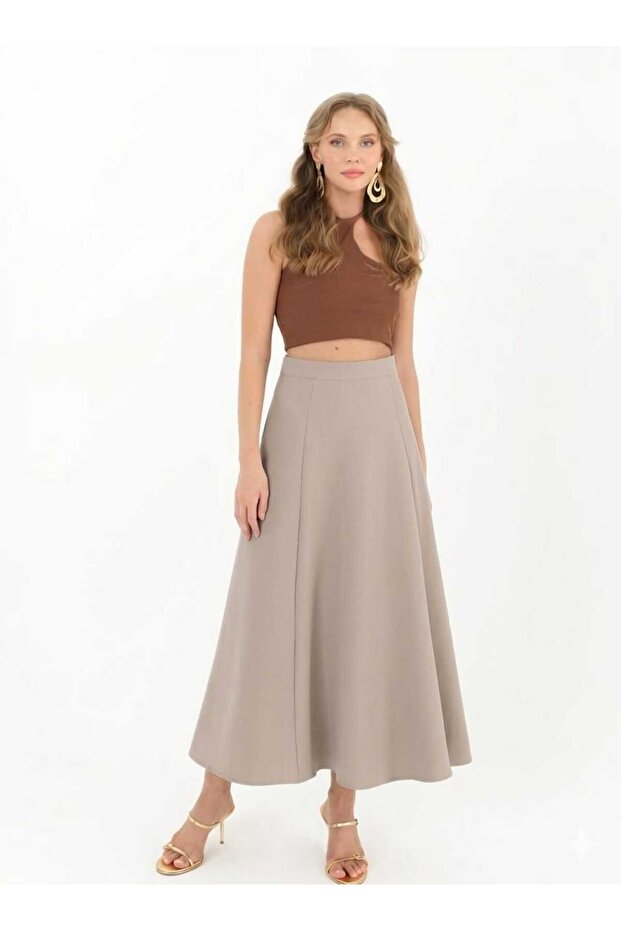 Women's Mink Beige Colorful Segmented Bell Flared Skirt 18201