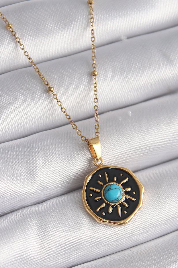 Stylish 316L Steel Gold Color Blue Bead Sun Engraving Medallion Model Women's Necklaceteachers Mothers Love