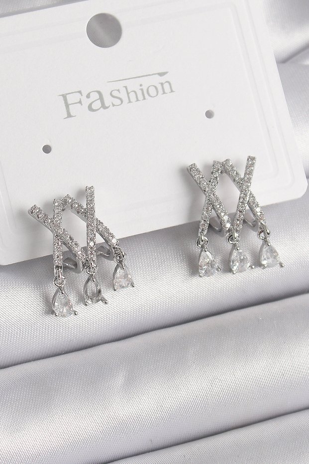 Stylish Brass Silver Color Zircon Stone X Model Dangle Detail Women's Earrings Teachers Mothers Valentine's Day
