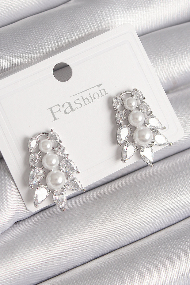 Stylish Brass Silver Color Zircon Stone Leaf Model Pearl Detail Women's Earrings Teachers Mothers Valentine's Day g
