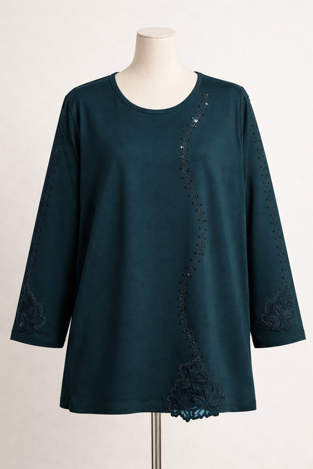 Women's Long Sleeve Luxury Stone Embellished Plus Size Combed Cotton Blouse (New Season - 2026)
