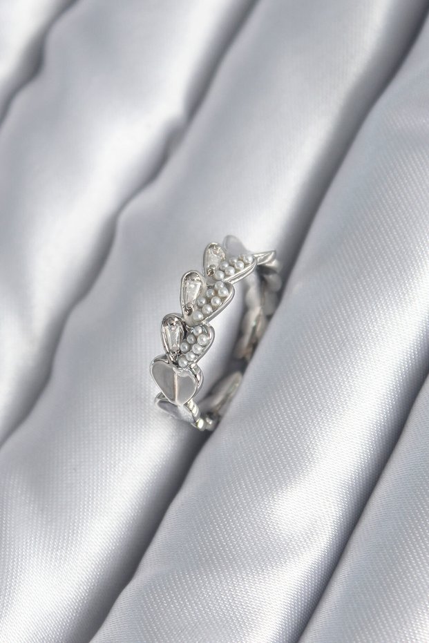 Stylish Brass Silver Color Heart Model Pearl Detail Women's Ring Teachers Mothers Valentine's Day Gift