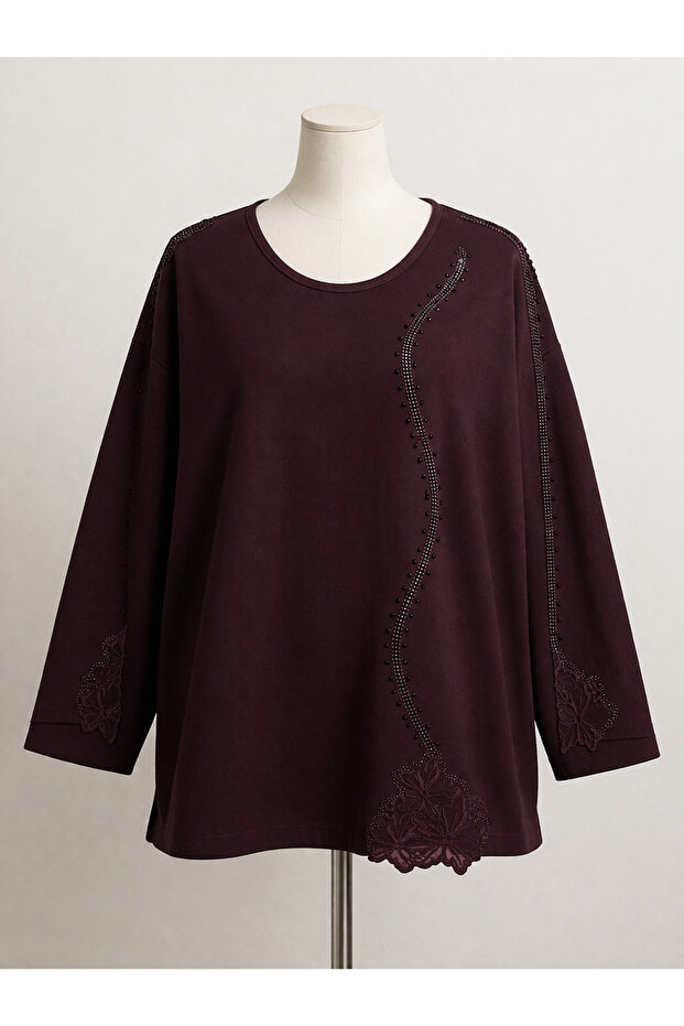 Women's Long Sleeve Luxury Stone Embellished Plus Size Combed Cotton Blouse (New Season - 2026)